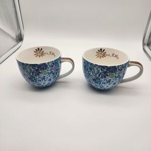 Lily Pulitzer Coffee Cup/Mug Blue Floral High Maintenance Kitty Cat Print Lot 2